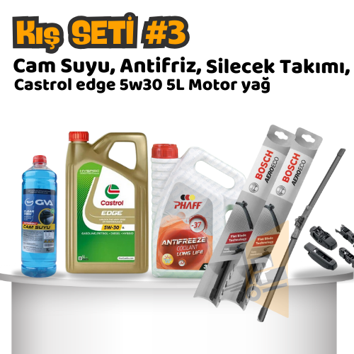 Oto Kış Bakım Seti 3 - Ön Silecek Takımı & Cam suyu & Kırmızı Antifriz 3L & Castrol Edge 5W-30 Motor Yağı