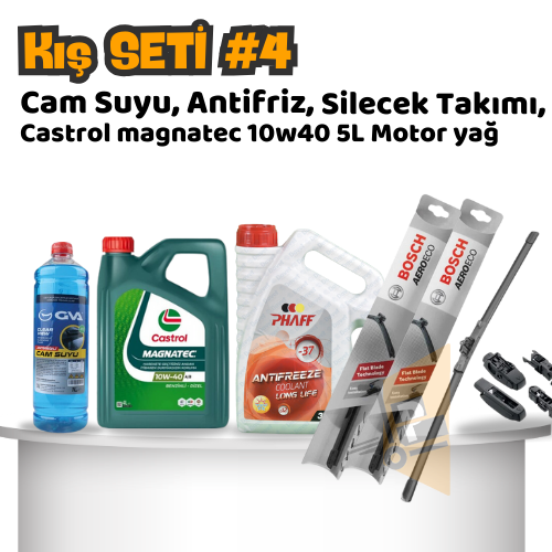 Oto Kış Bakım Seti 4 - Ön Silecek Takımı & Cam suyu & Kırmızı Antifriz 3L & Castrol Magnatec 10w-40 Motor Yağı 4L